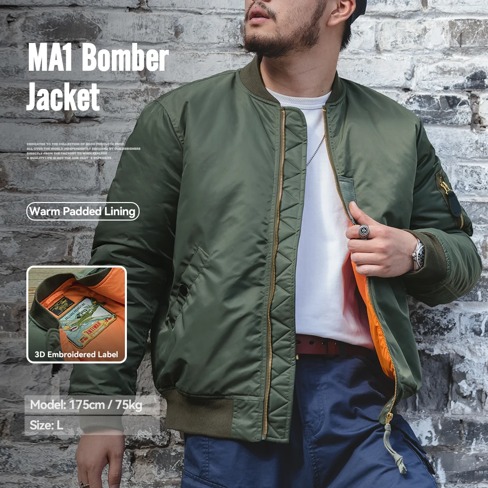 Maden Vintage MA1 Kurtka pilotka Zielona, pogrubiona, wyściełana bawełną kurtka Casual Baseball Kieszenie Lotowy zamek błyskawiczny Znosić na męską jesień