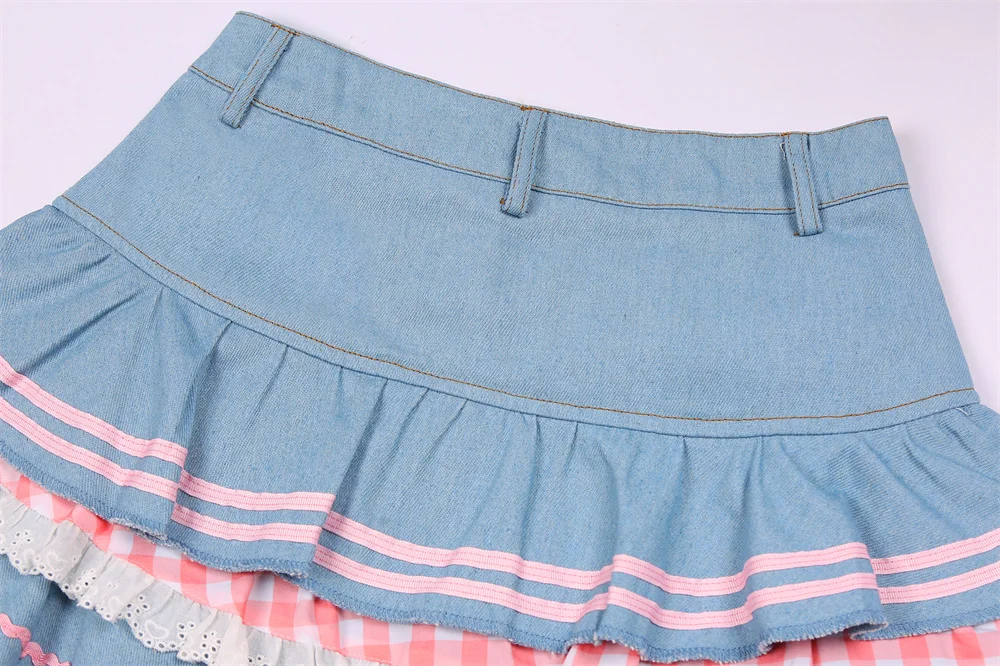 Y2k Kawaii Denim Skirt Mini Party Sweet Ball Gown Aesthetic High Waist Skirts 4 Layer Ruffle Cake Skirts E Girls Summer Skater