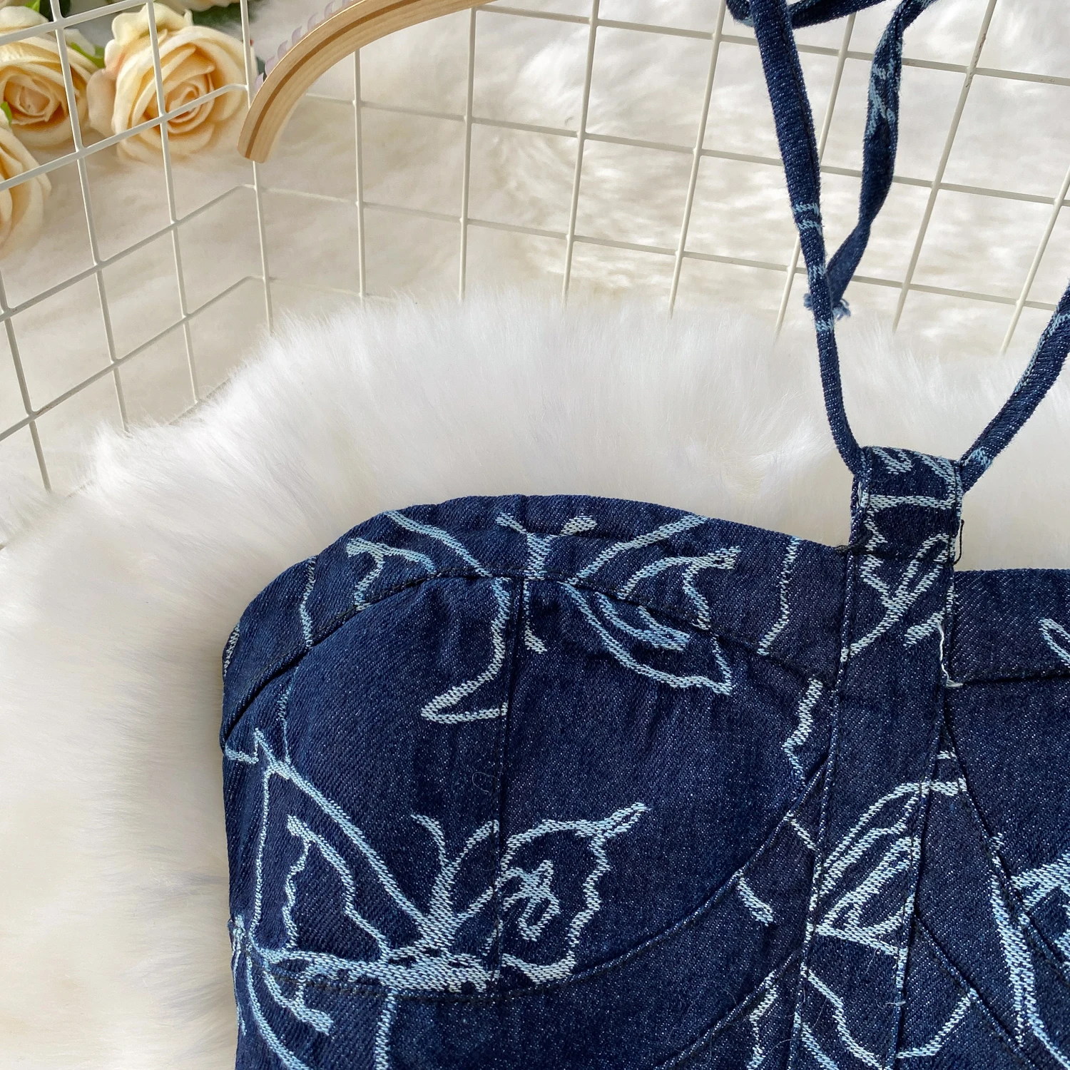 ผู้หญิงพิมพ์กางเกงยีนส์กางเกงสูทพิมพ์ผีเสื้อ Halter Neckr เสื้อ + กางเกงยีนส์เอวสูงผอมวันหยุดเสื้อผ้าชุด