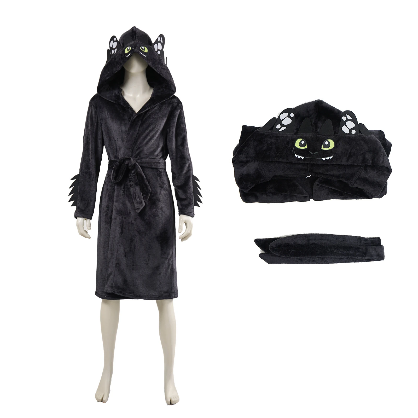 

Toothless Hooded Bathrobe Cosplay Costume Cartoon Hiccup Adult Gold Velvet Pajamas with Belt Black Bathrobe Bath Towel