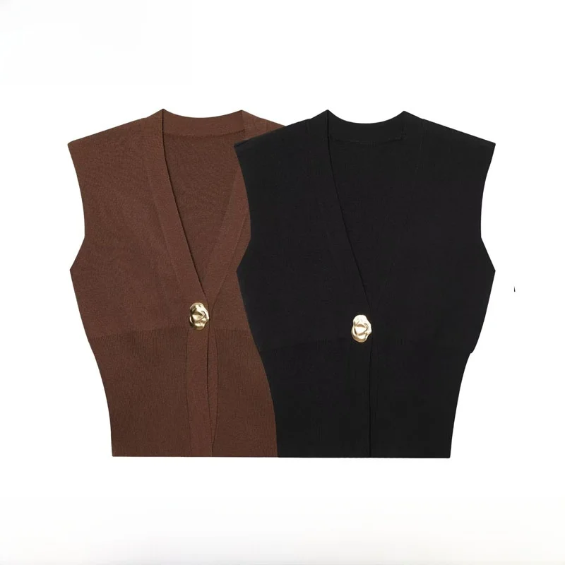 

Faionable V-Ne Knitted Vest Top Women's Autumn New Arrival One Button All-Match ZA Sle Polyester Fiber Slim Fit irt