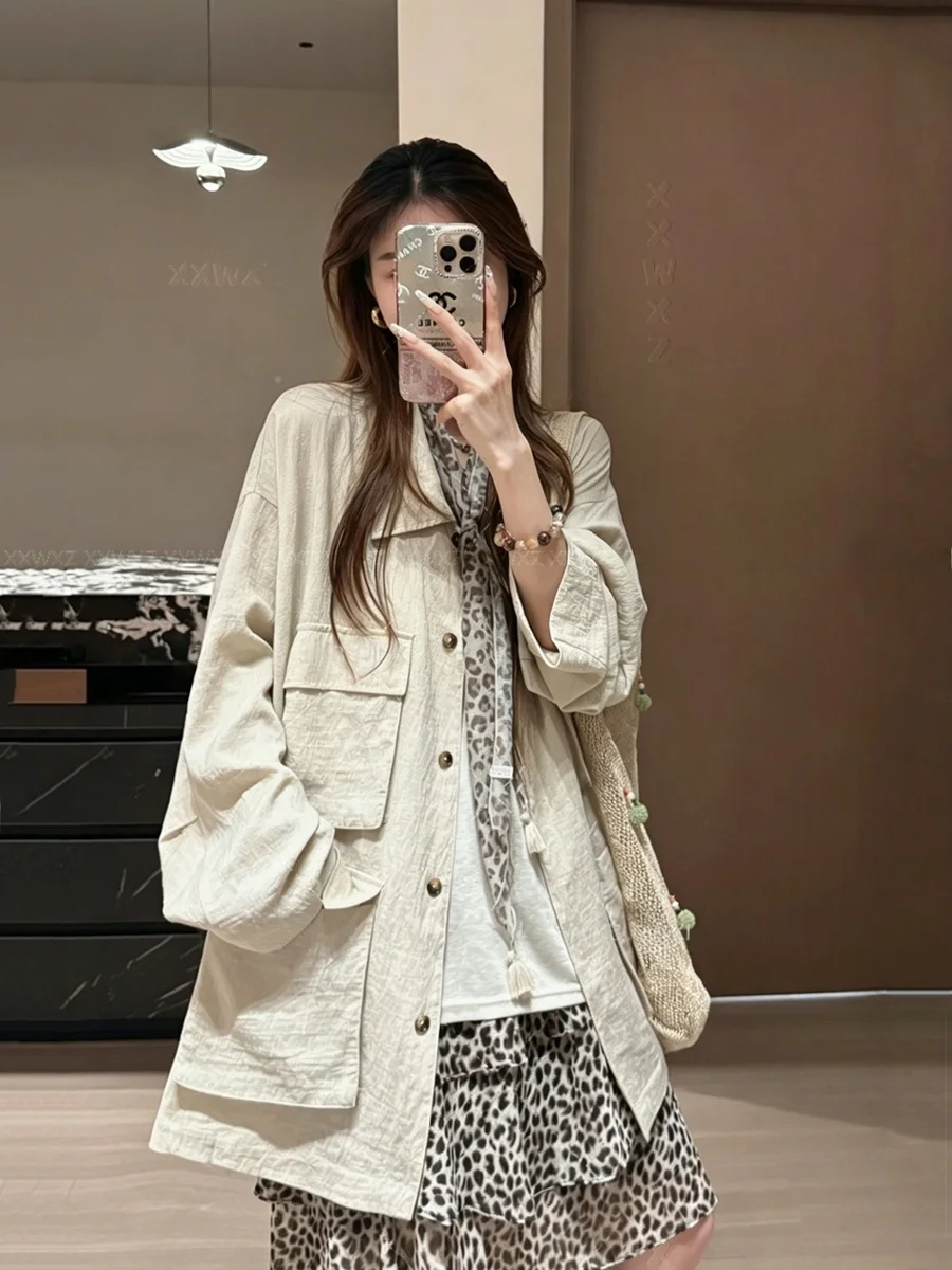 

plus Size Women's Summer Fashion Loose Linen Sun Protection Top Coat Lazy Style High Waist Commute Long Sleeve Neck