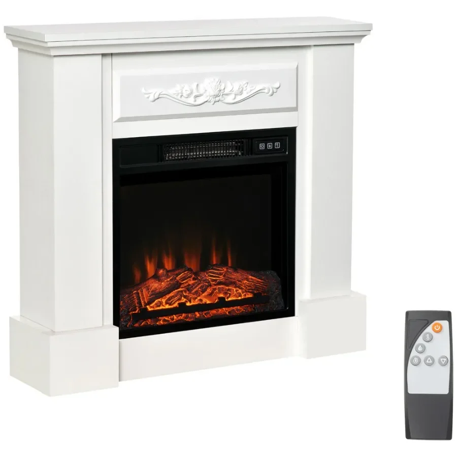 

32" Electric Fireplace with Mantel Freestanding Heater with LED Log Flame Overheat Protection and Remote Control 1400W White