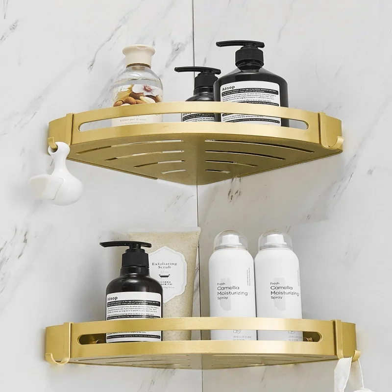 

Brushed Gold Bathroom Storage Holder Aluminium Bathroom Corner Shelf Bathroom Shelf Wall-mounted Bathroom Organizer Shelf