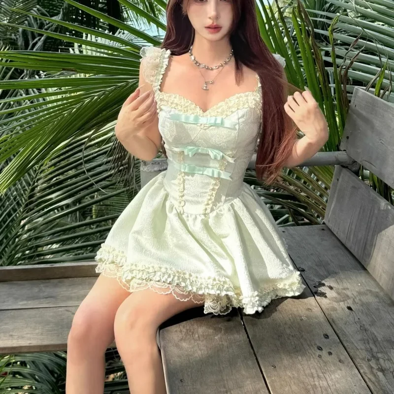 Letnia Zielona Koronkowa Sukienka na Ramiączkach Damska Szyfonowa Codzienna Sukienka Mini na Imprezę Damska Codzienna Sukienka Modna Wyszukana Wyszczuplająca Sukienka Nowość 2025