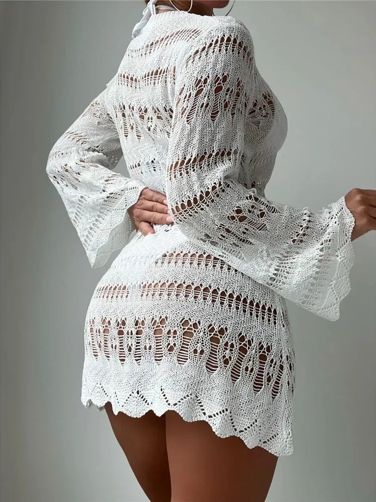 S-XL Long Sleeve Hollow Out Crochet Knitted Tunic Beach Cover Up Cover-ups Beach Dress Beach Wear Beachwear Female Women K5542