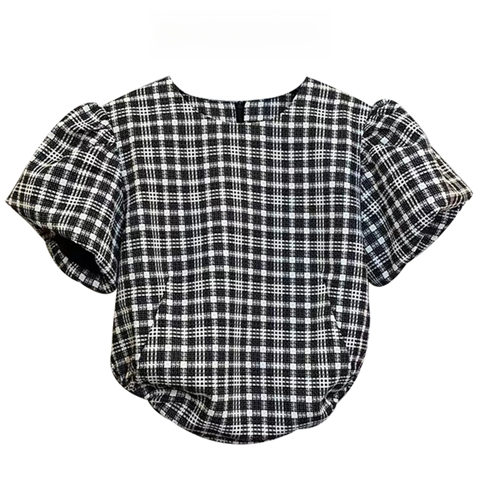 

Black White Plaid Bubble Sleeve Short Shirt Women's Design Summer Korean Style round Neck Button up Slim Fit Casual Shirt