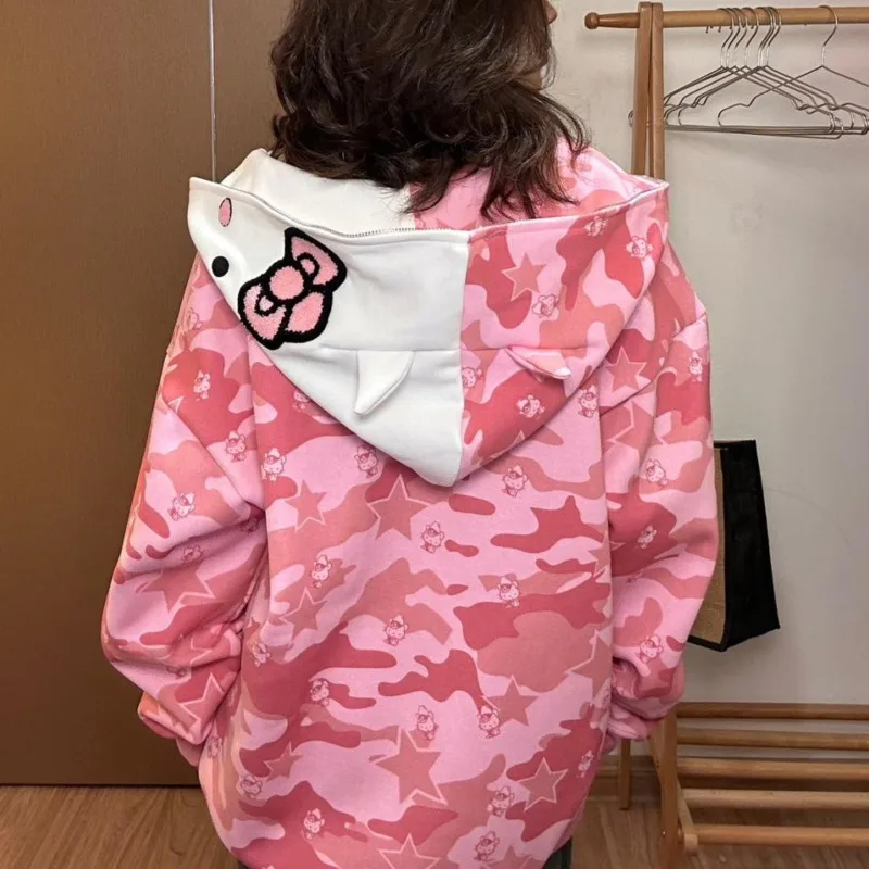 Sanrio Hello Kitty Hoodie Coat Y2k Cartoon Camouflage Zipper Hoodied Loose Casual Hoodies Outwear Streetwear Women Hip Hop Coat