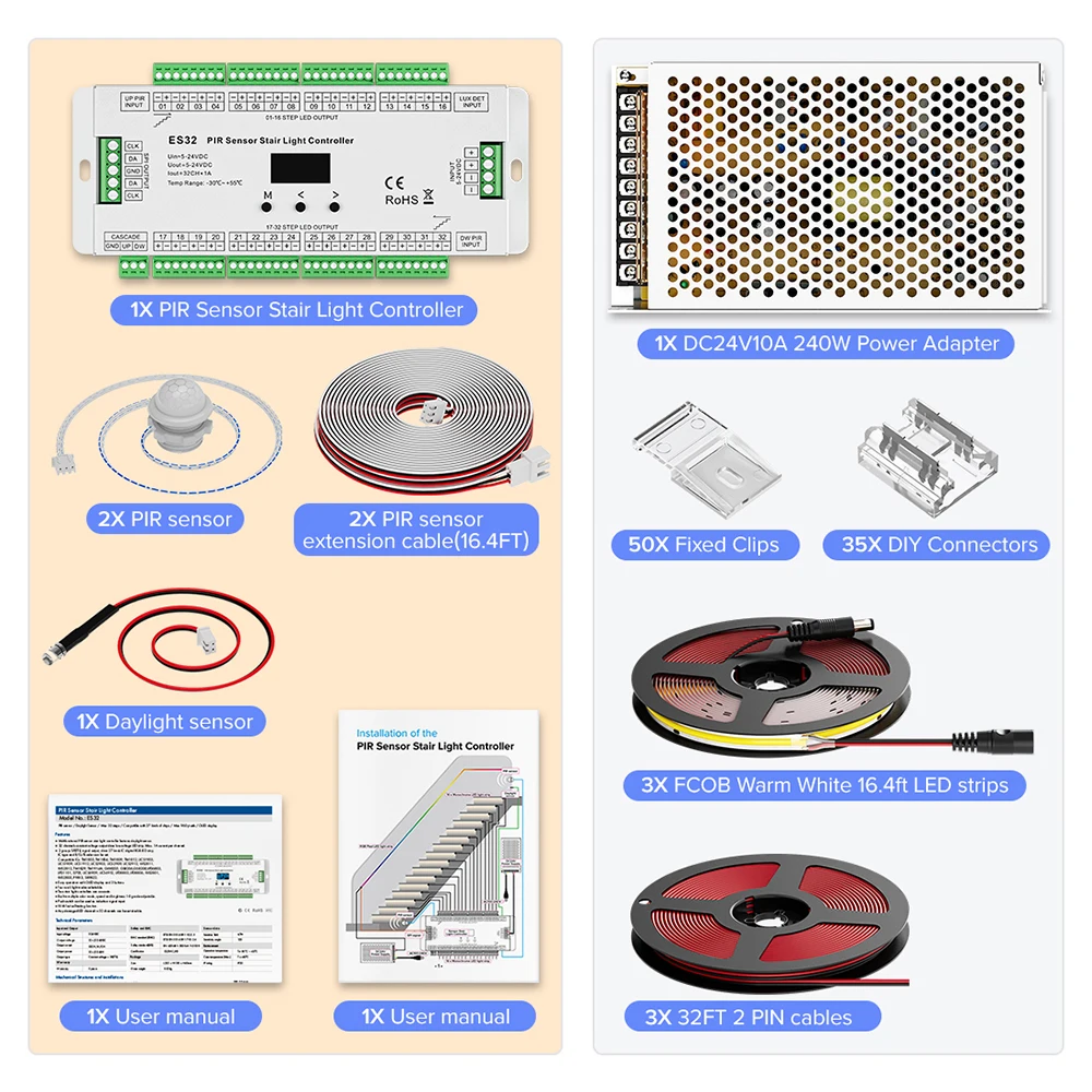 Imagem -03 - Luz Interior da Escada com Sensor Pir Tira Led Cor Única Fcob Kits de Dimmer Completos Dc24v10a Fios 30m 32ch 15m Es32