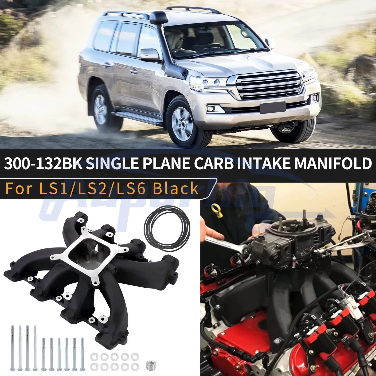 Auparhig LS Single Plane Carbureted Intake Manifold 300-132 300-132BK For GM LS1 LS2 LS6 Cathedral Port 4.8L 5.3L 5.7L 6.0L V8