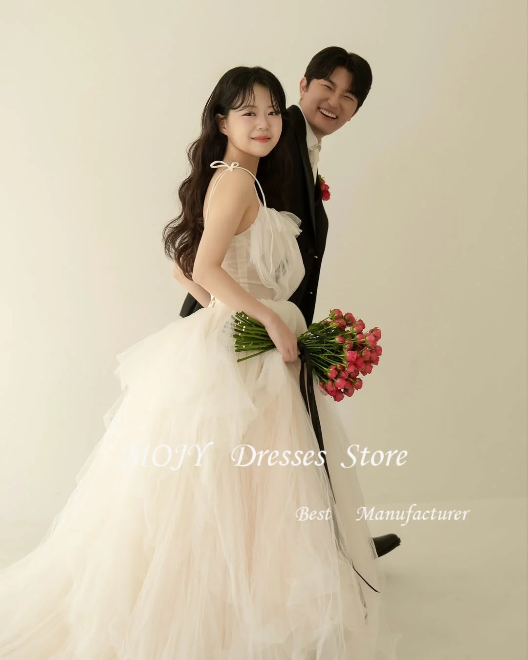 Mojy Corea vestido de fiesta de boda Spaghetti Strap tul A-Line sesión de fotos vestido de recepción nupcial personalizado