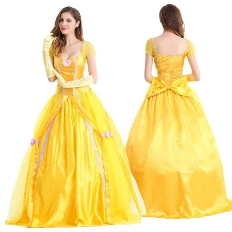 

S-2XL Large Halloween Costume Carnival Party Princess Dress Adult Bell Yellow Glove Dress Set Cosplay Stage Performance Dress