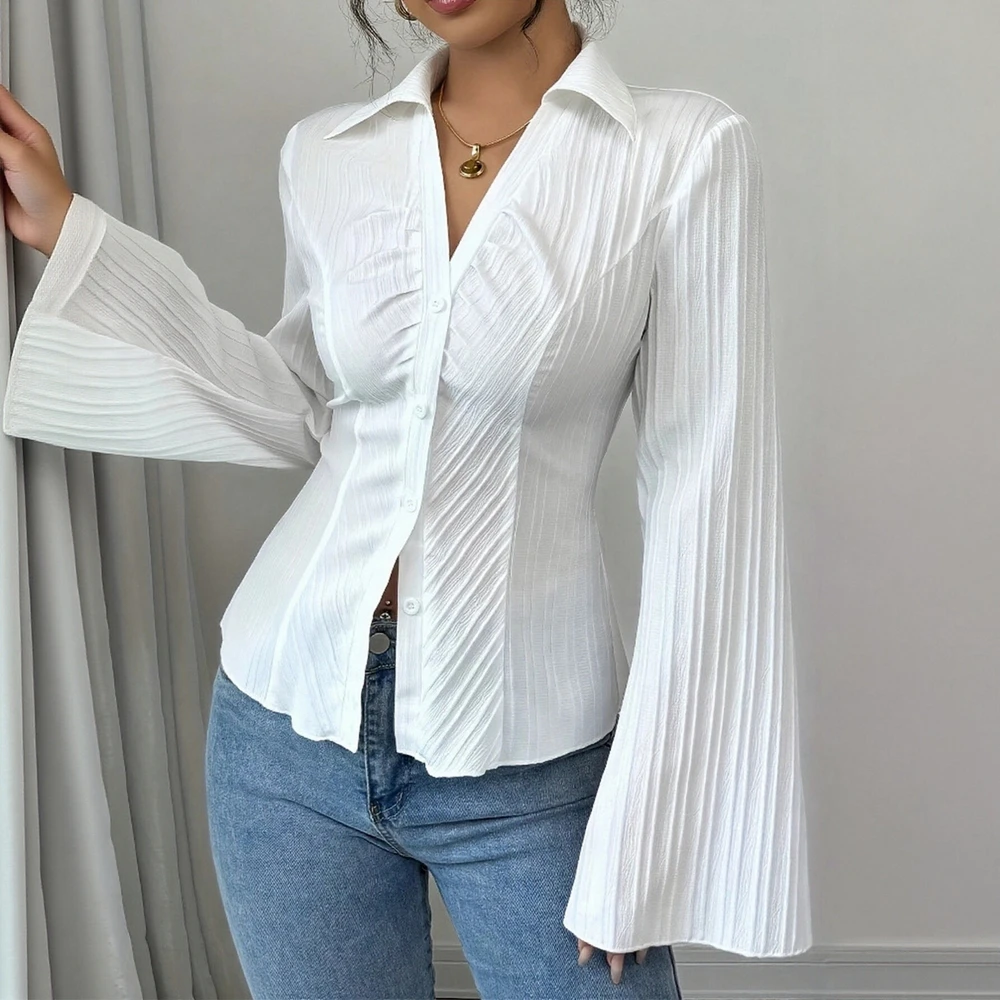 

Женские рубашки, осень-зима, элегантная мода 2025 года, классические однотонные повседневные рубашки на пуговицах с длинными рукавами и отложным воротником