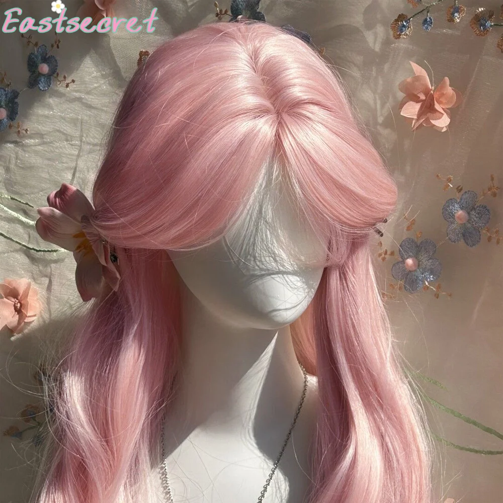 شعر مستعار وردي إيست للنساء، شعر مستعار طويل مموج، شعر مستعار اصطناعي ناعم وطبيعي للاستخدام اليومي، شعر مستعار لوليتا للحياة المدرسية، وردي