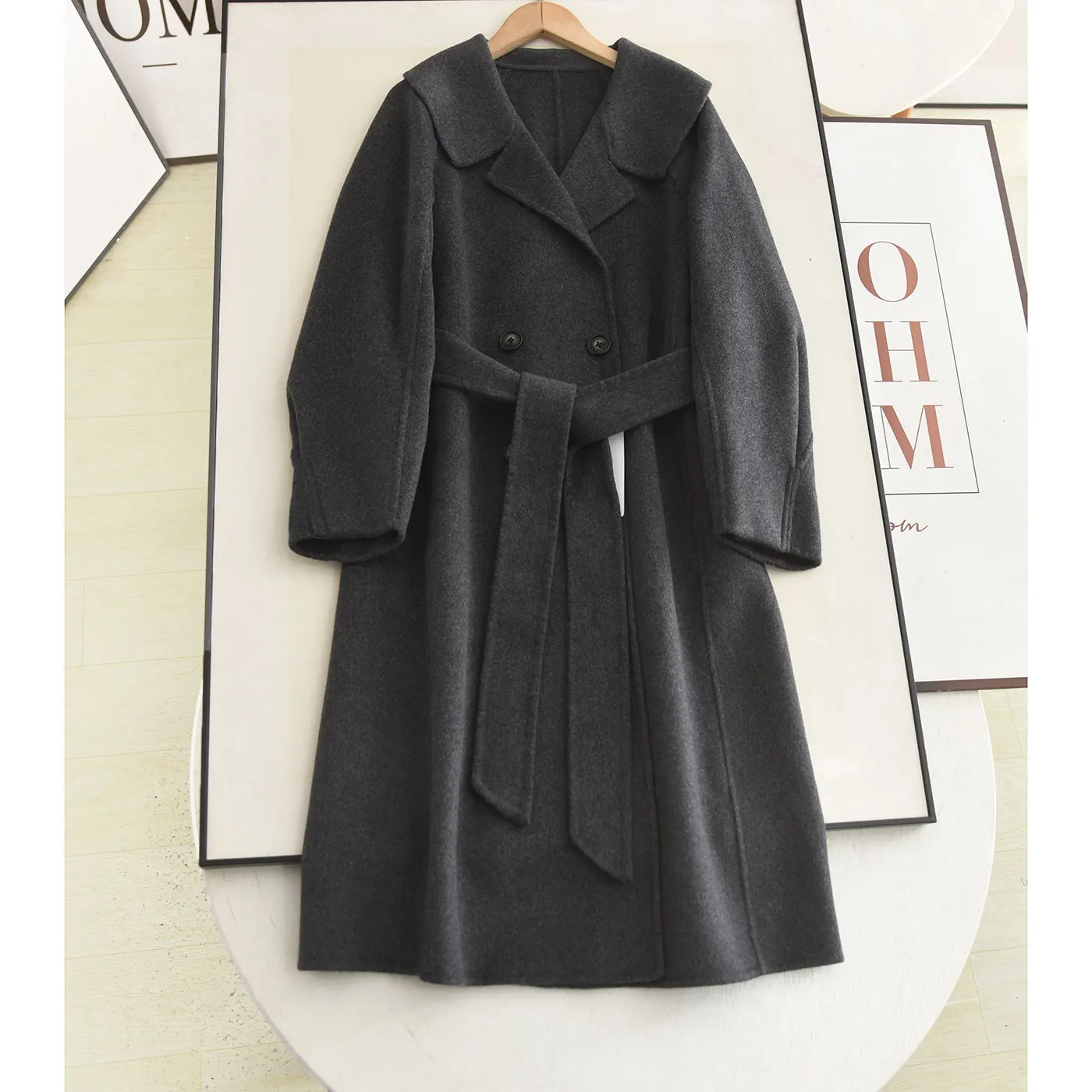 

Ele Double-Faced Woolen Coat Lantern Sve Midi-Length Women's Outerwear Slimming Waist Design Hepburn Sle Bird Temper...