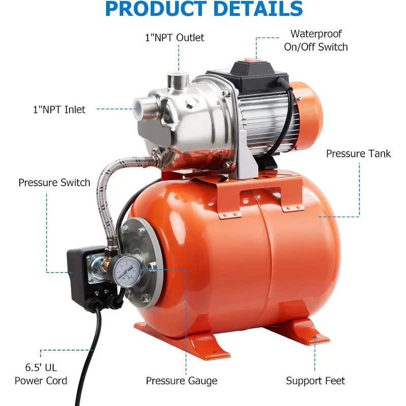 1.6HP Shallow Well Pump With Pressure Tank, Stainless Steel Water Transfer Pump, 115V Water Pump With Automatic Pressure