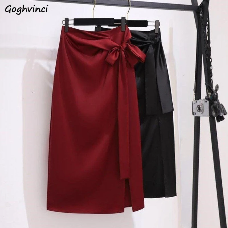 Skirts Women Mid-length Side-slit Hip-covering Solid High Waist Bow Minimalist Style All-match Korean Fashion Spring Summer Ins