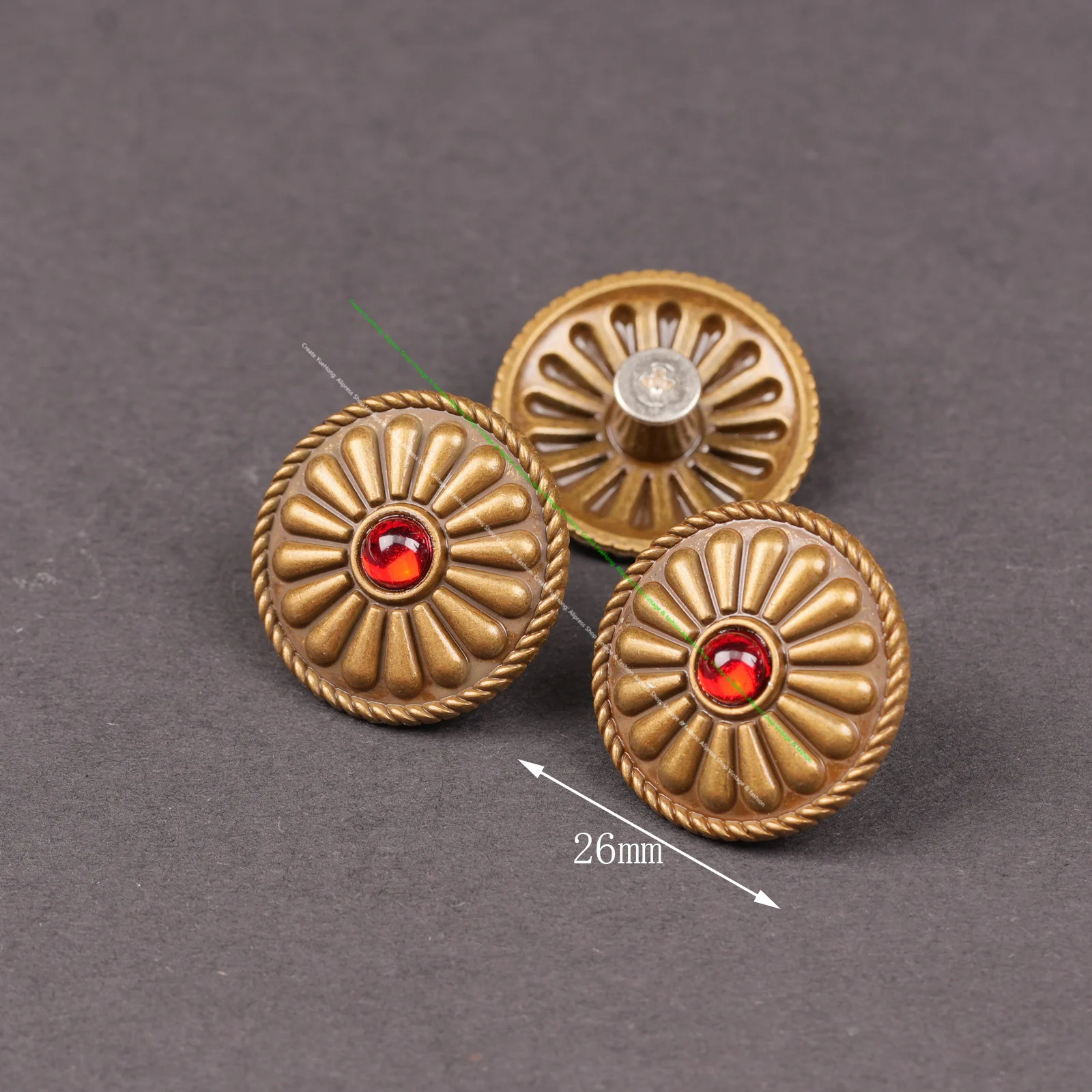 10Pcs 25Mm Vintage Round Flower Metal Concho Buttons with Red Gem Inlay for Diy Leather Craft Straps Guitar Straps and Handbags