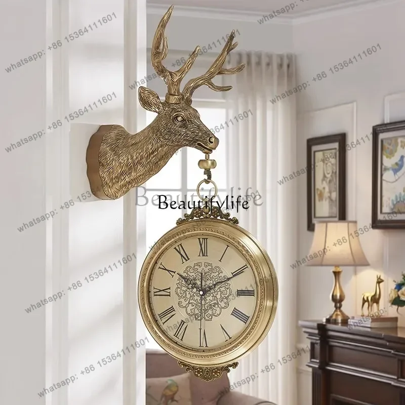 Factory Direct GEuropean silent double-sided wall clock bronze lucky deer head wall clock living room