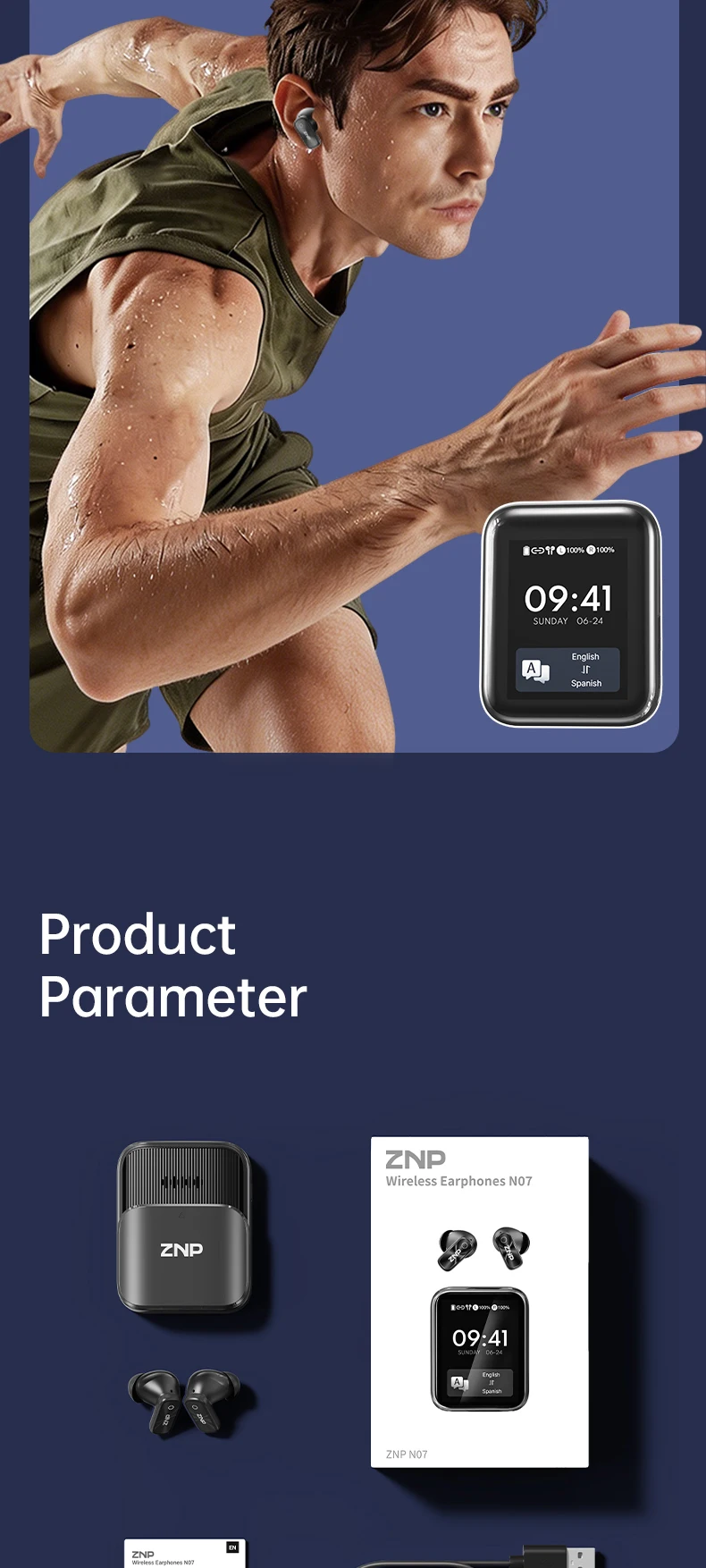 ZNP N07 AI-Übersetzungs-Wireless-Ohrhörer mit Smart-Touch-Screen, LED-Energieanzeige, In-Ear-Kopfhörer, lange Akkulaufzeit, kabellose Kopfhörer – Detail 10