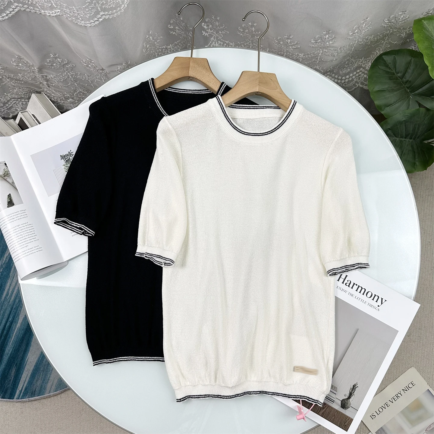 

French Style Slim Fit round Neck Short Sleeve Knitted T-Shirt Color Block Design Fashion Women's Top Spring Season