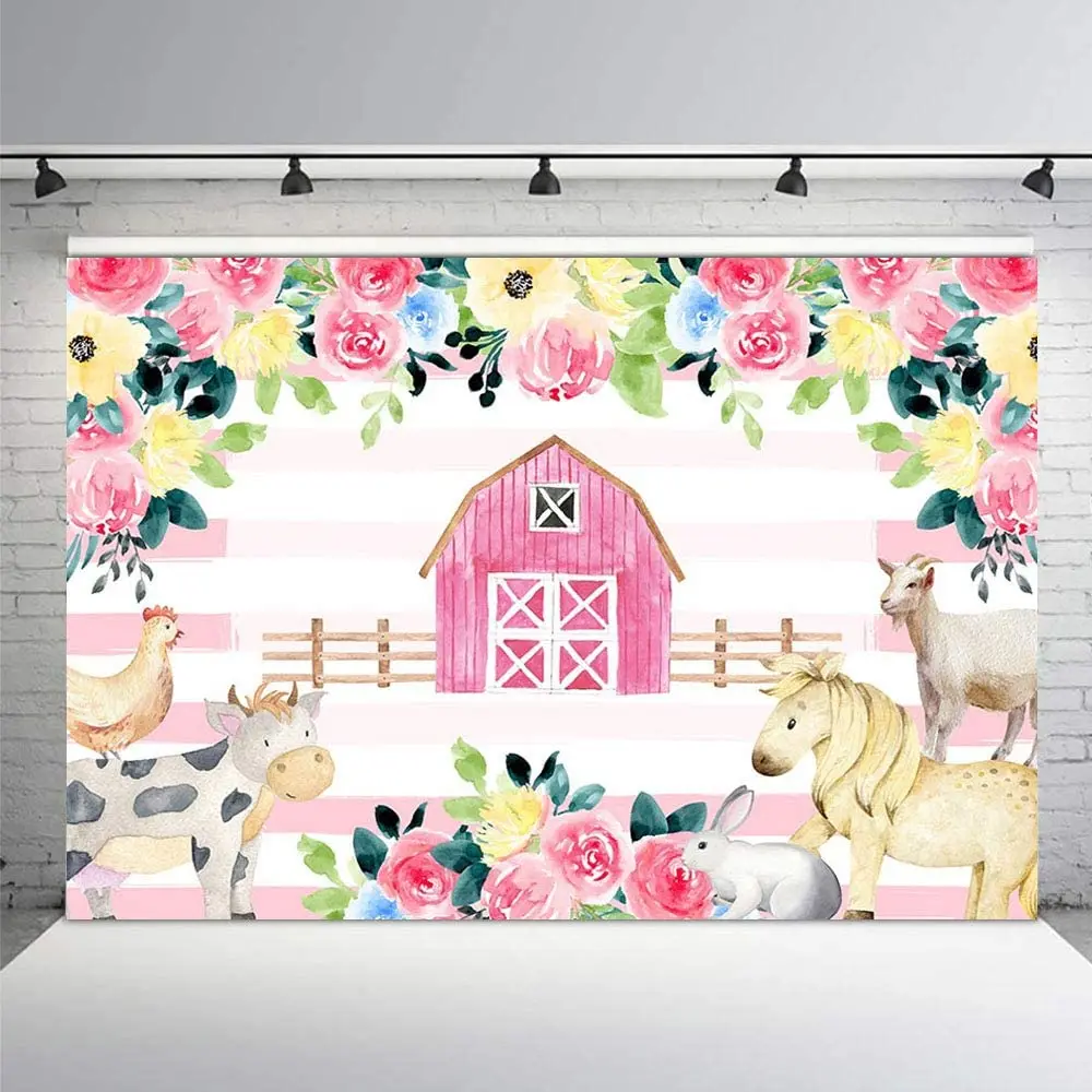 

Farm Party Backdrop Rustic Country Barnyard Animals Pink Stripes Floral Girl Birthday Baby Shower Party Decoration Background