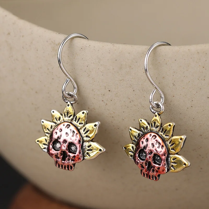 Vintage Skull Sunflower Hook Earrings For Women Handmade Hammer Pattern Creating Personalized Earrings Accessory