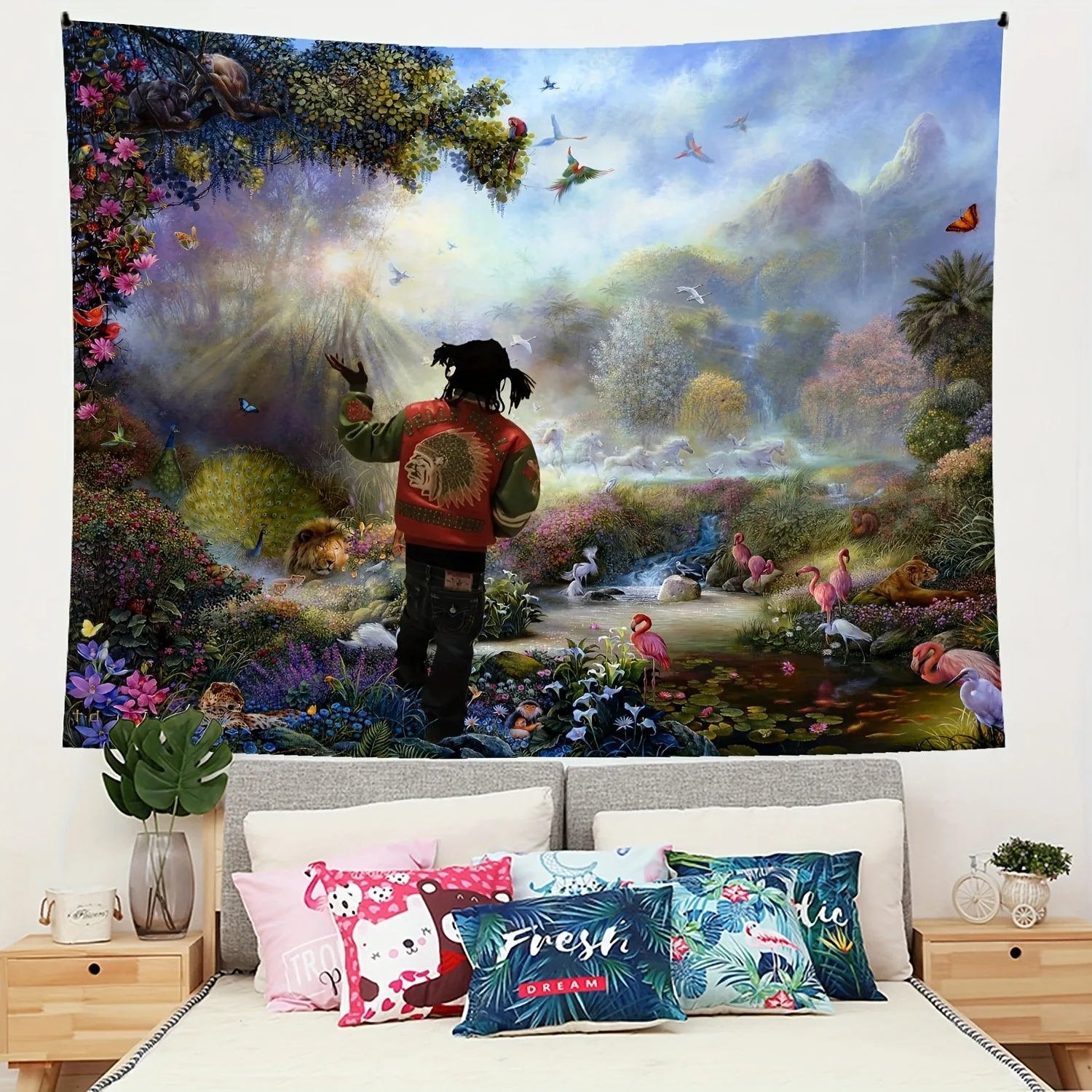 1 Stück Landschaftsblume und Vogel bedruckter Wandteppich Wandbehang Wandteppich für Schlafzimmer und Wohnzimmer Festival Party Dekoration