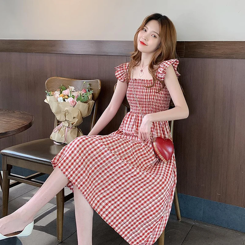 

Fashion Square Collar Plaid Spliced Folds Ruffles Sleeveless Dress Female Clothing 2024 Summer New Loose Sweet Princess Dress