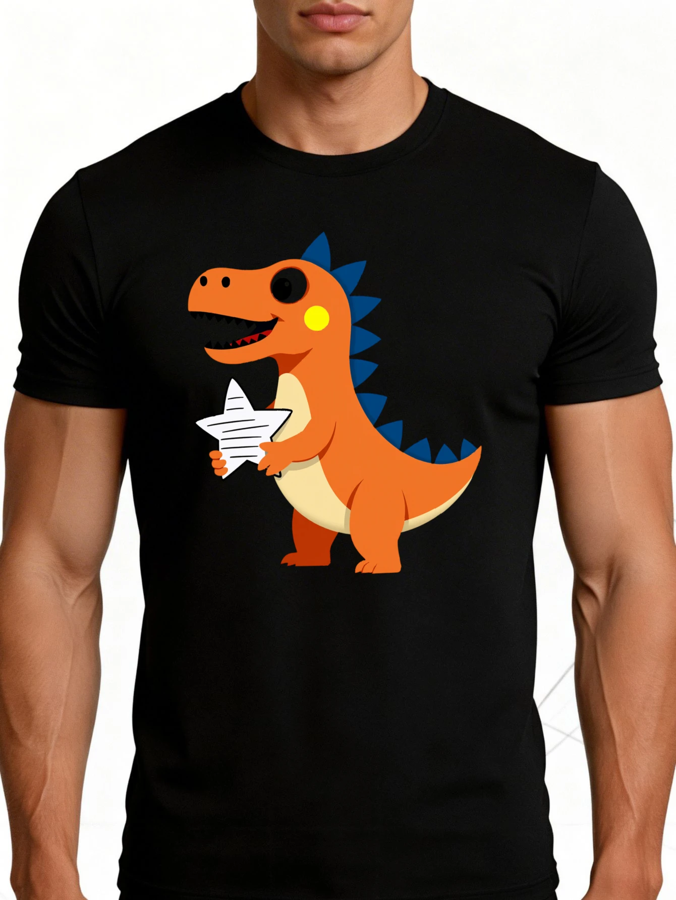 Men's Plain Graphic T-Shirt - Breathable, Soft, Lightweight - Dinosaur Holding Star Design - Vintage Fun Graphic Casual Short Sleeve Summer Top, Gift for Him