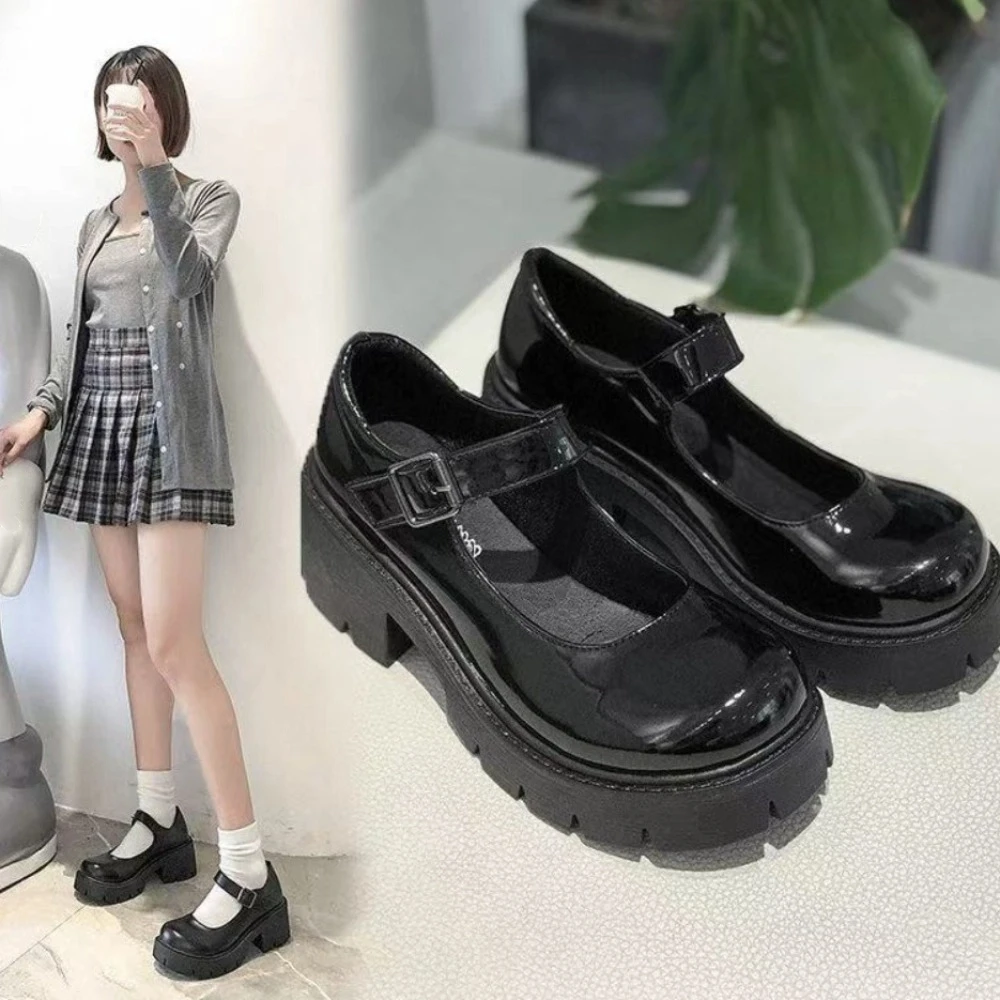 

Mary Janes Lolita JK Leather Shoes Glossy/Matte PU Leather Casual Single Shoes Lolita Platform Black High Heels Shoes Uniform
