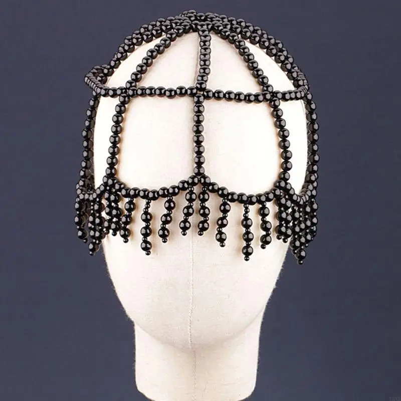 Y3ne ไข่มุกที่มีความซับซ้อนหมวกเจ้าสาวโรแมนติกฉลองหูฟังที่สง่างาม