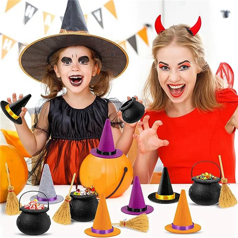 

46 PCS Mini Witch Hats Halloween Felt 4 Color Witch Hats Felt Witch Hats Halloween Wine Bottle Party Decoration-BTFL