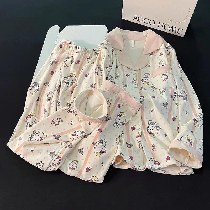 

Sanrio Hello Kitty Winter Sleeping Pajama Set Kawaii Cartoon Women Warm Sleepwear Long Sleeve Pant Nightwear Student Home Clothe