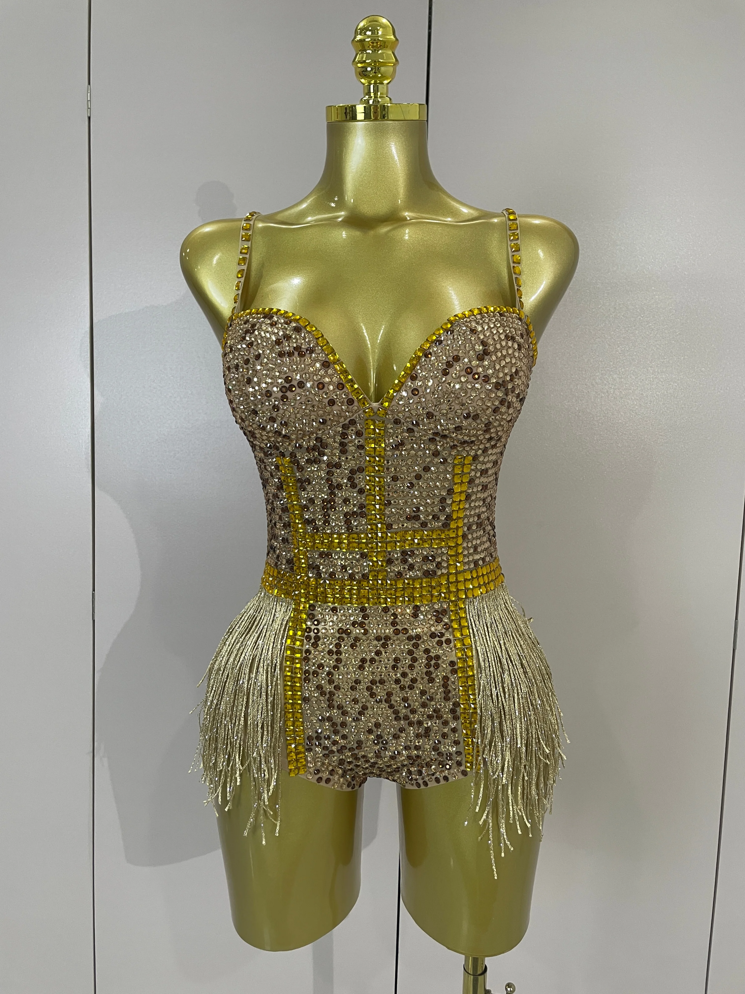 2026 Golden Rhinestone Sexy Mesh Stretch Bodysuits Women Eveing Birthday Dancer Stage Wear Nightclub Team Performance Outfit
