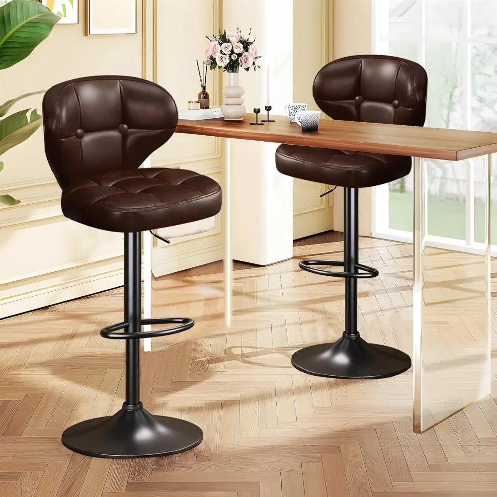 Modern Bar Stool Set of 2 Swivel Kitchen Stool Height Adjustable Padded Seat with Backrest Metal Frame Anti-Slip Base Ideal for