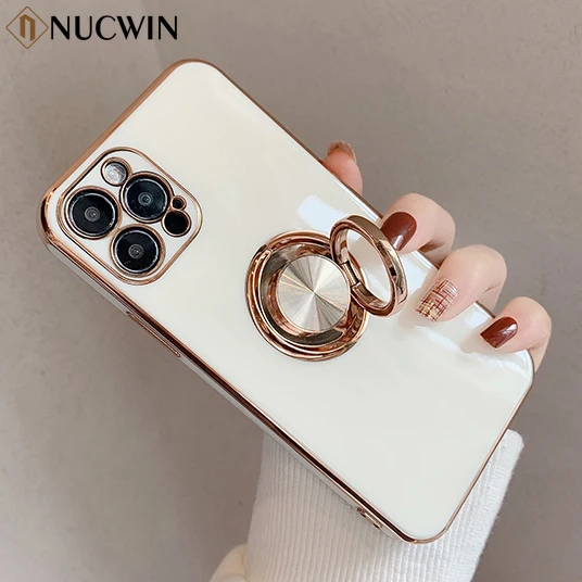 Luxury 3D Diamond Glitter Phone Case For iPhone 15 14 13 11 12 Pro Max X Xs Max Xr Mini 7 8 Plus Soft Plating Ring Holder Cover