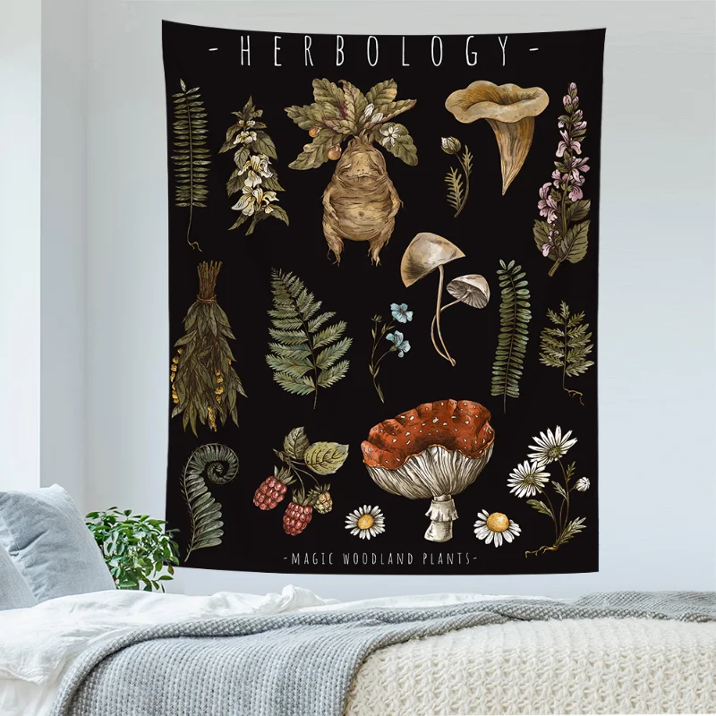 VIKAMA Witchy Herbology Tapestry Celestial Moon Wall Hanging, Vintage Botanical Print for Dark Academia & Cottagecore Room Decor