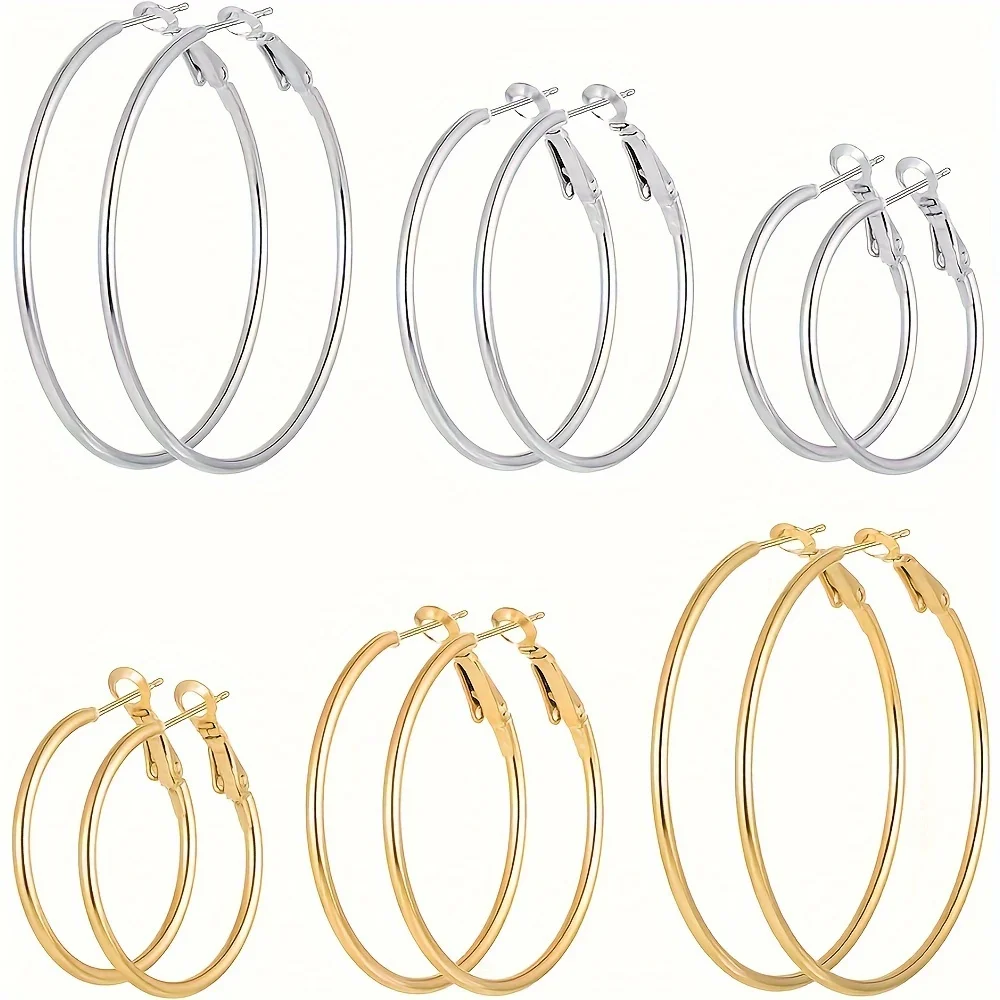 

6 Pairs Stainless Steel gold silver Plated Hoop Earrings for Women Girls, Hypoallergenic Hoops Women's Earrings Loop Earrings Se