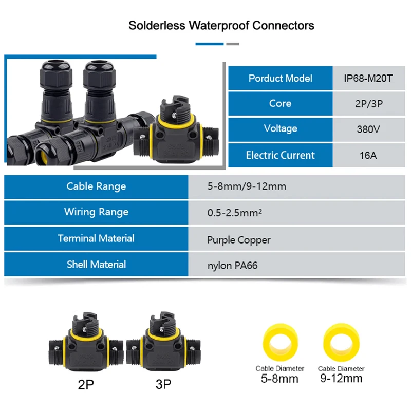 Connettore impermeabile per scatola di giunzione elettrica esterna IP68 M20T adattatore terminale per cablaggio a vite a 2/3 Pin per connettori per