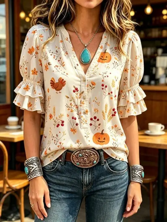 Halloween Women Western Boho Blouse,V‑Neck Ruffle Puff Short Sleeve,Multi‑Pattern Ghost Pumpkin Bunny Floral Print Loose Top 4