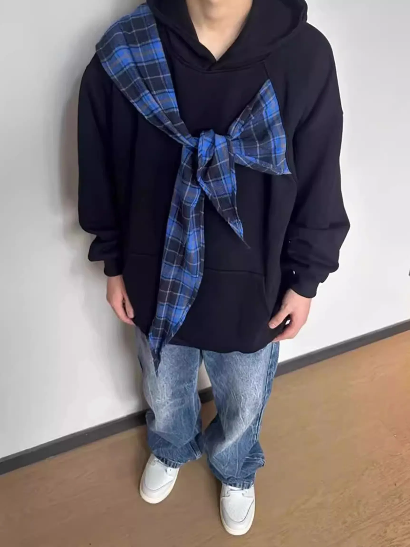 الأمريكية شارع العليا منقوشة awl وهمية قطعتين هوديي الرجال فضفاض الوزن الثقيل القطن الخالص Jaet الخريف الشتاء العلامة التجارية العصرية