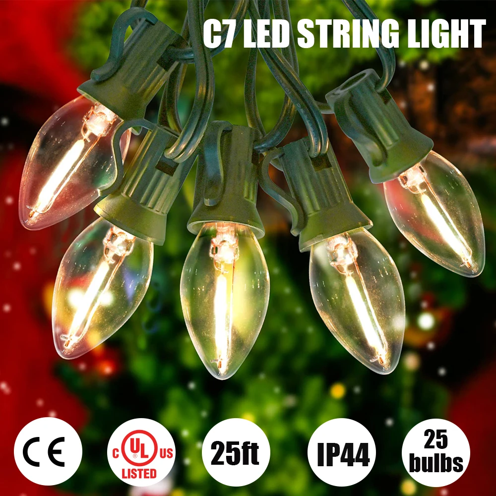 25Ft C7 Led String Lights 25PCS LED Christmas Bulb IP44 Waterproof Led Light Warm White 2700K Indoor and Outdoor Patio Room Xmas