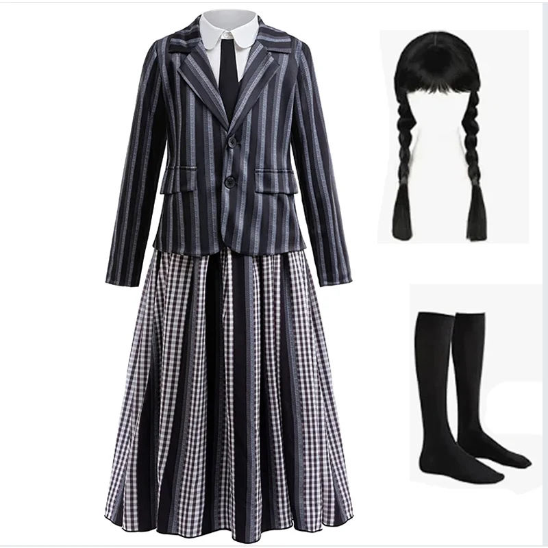 

Girl Costume Black Striped Coat +T-Shirt+Skirt There-Piece Sets For Children Halloween Cosplay Costume Wednesday Family Dress Up