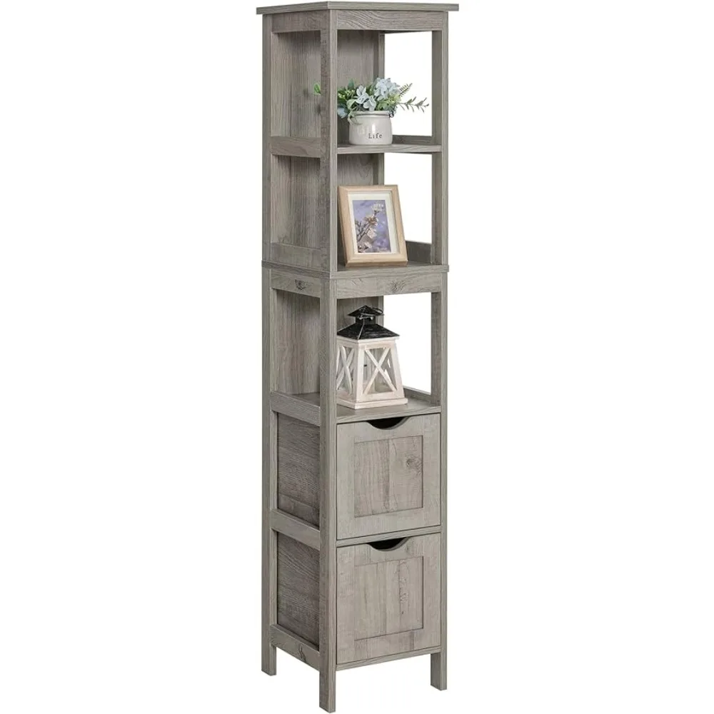 

55.9" Storage Cabinet with 2 Drawers, Wooden Bathroom Floor Cabinet with 3 Open Shelves, for Living Room, Kitchen, Grey