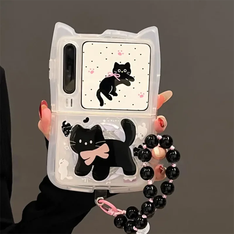 

Cute Black Cat Ear Magnetic Stand Phone Case for Samsung Galaxy Z Flip 7 6 5 / Xiaomi Mix Flip /Mix Flip2 Clear Protective Cover