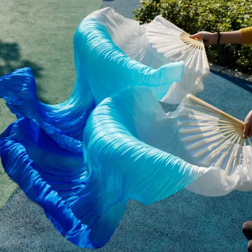 Imagen 2 del producto Velos de seda chinos de alta calidad para mujer, par de fanáticos de la danza del vientre, oferta barata, 2 piezas, blanco, azul cielo y azul