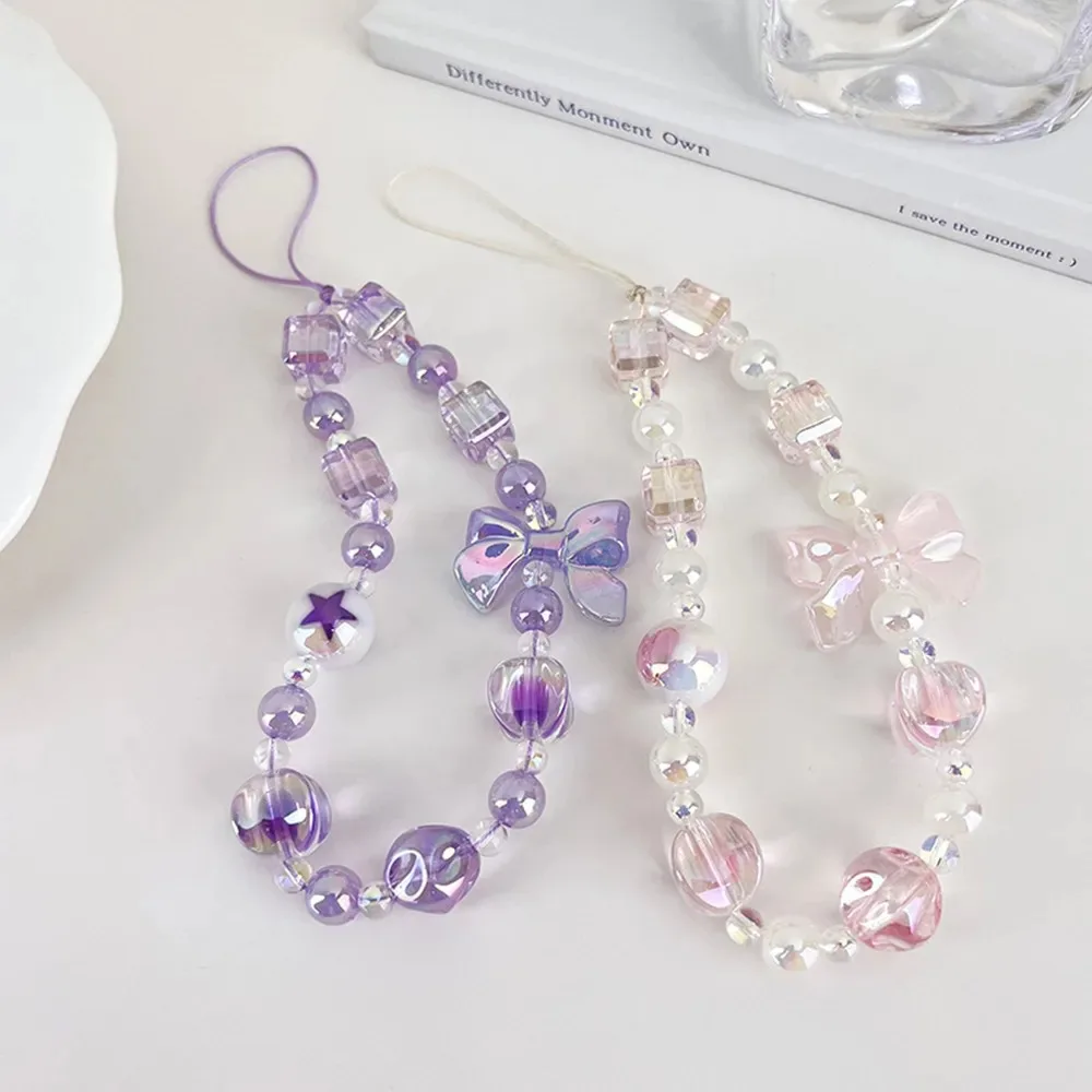 Sweet Candy Color Mobile Phone Chain Cute Bow Beaded Cellphone Pendant Charms Women Cell Phone Case Anti-loss Lanyard Jewelry