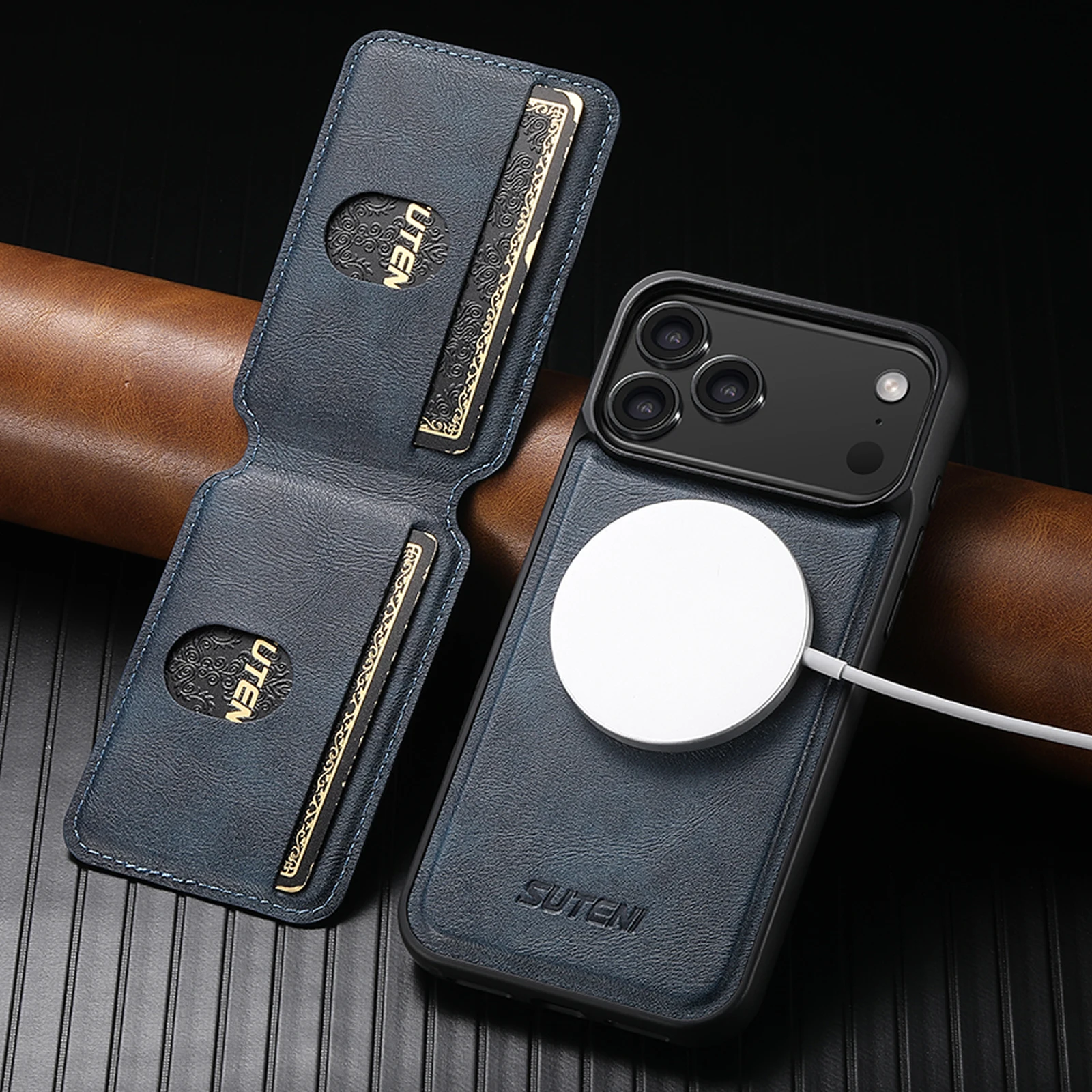 SUTENI Kabelloses Ladegerät Magnet Kunstleder Handyhülle Kartenhalter Ständer Brieftasche 2-in-1 Für iPhone 18 Pro Max 17 16 15 14 13 12