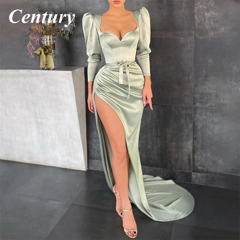 

Century Sexy Mint Green Puff Sleeves Side Slit Satin Evening Dresses Sweetheart Bow Belt Long Party Gowns Women Robes De Soirée